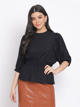 Oxolloxo - Black Smocking Women Linen Blend Top