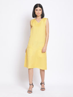 Oxolloxo - Yellow Lace Trim Women Linen Blend Dress