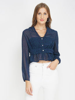 Oxolloxo - Navy Polka Women's Cropped Peplum Top
