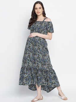 Oxolloxo - Endearing Sweet Posh Floral Printed Maternity Dress - Blue