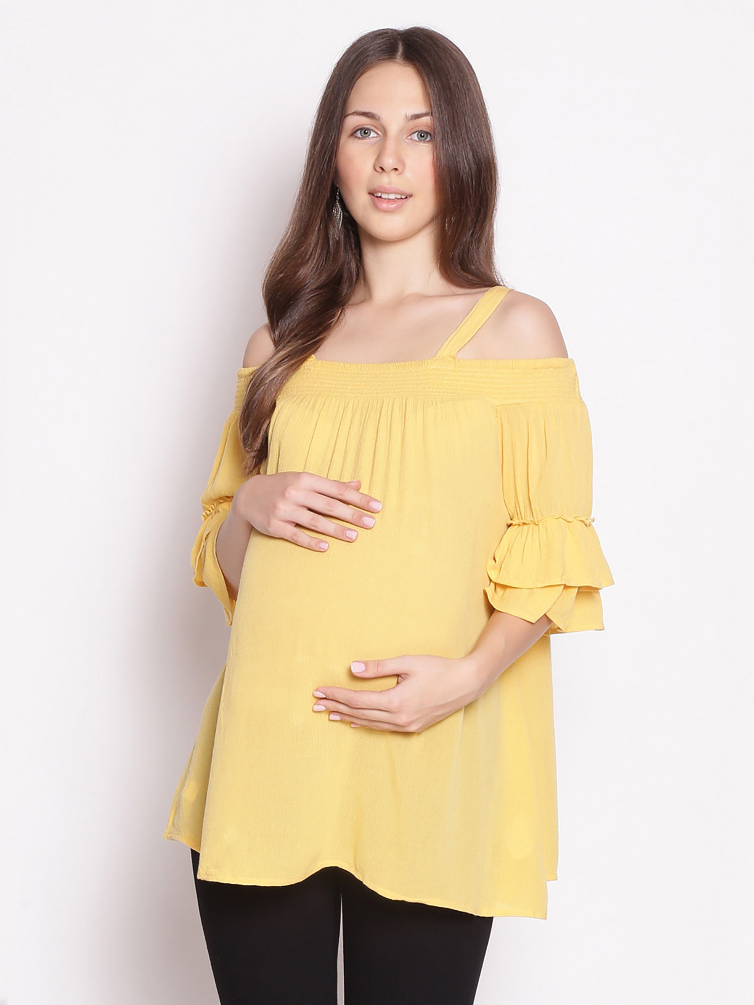 Yellow Cold Shoulder Maternity Top-image-31