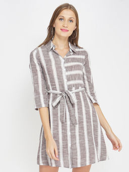 Oxolloxo - Taupe Striped Women's Button Down Tunic