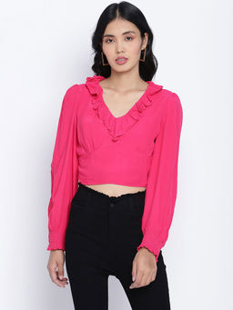 Oxolloxo - Poppy Coral Frilled Design Women Crop Top