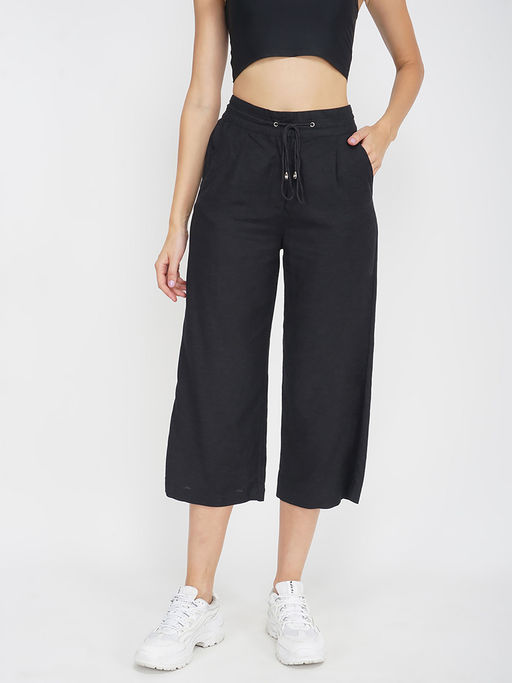 Oxolloxo Solid Black Women's Linen Blend Pant