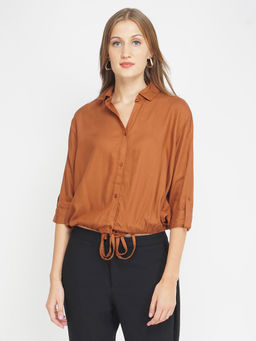 Oxolloxo - Coffee Brown Women's Shirt With Tie-Up Waist