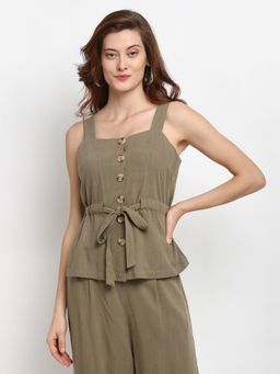 Gipsy - Olive Medium Length Square Neck Linen Blouse