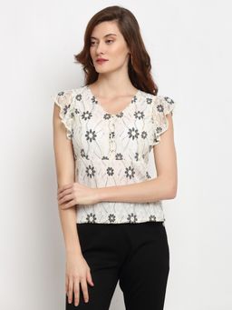 Gipsy - Cream Medium Length V-Neck Polyester Blouse