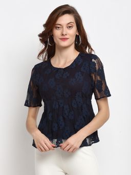 Gipsy - Navy Blue Medium Length Round Neck Polyester Blouse