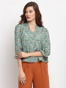 Gipsy - Green Medium Length V-Neck Rayon Blouse