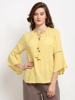 Gipsy - Yellow Medium Length Tie - Up Rayon Crepe Tunic