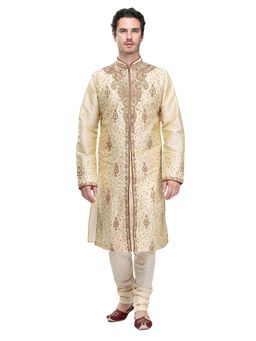 Manyavar - Silk Blend Beige Kurta Churidar (Set of 2)