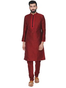 Manyavar - Maroon Silk Blend Kurta with Pencil Pajama (Set of 2)