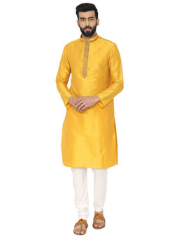Manyavar - Mustard Silk Blend Kurta Churidar (Set of 2)