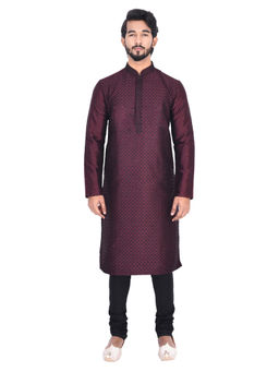 Manyavar - Wine Silk Blend Kurta with Pencil Pajama (Set of 2)