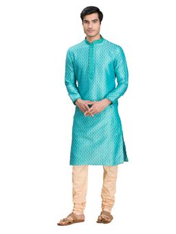 Manyavar - Silk Blend Turquoise Kurta Churidar (Set of 2)