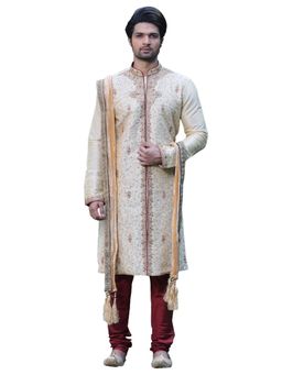 Manyavar - Silk Blend Beige Kurta Churidar (Set of 2)