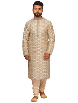 Manyavar - Grey Silk Blend Kurta with Pencil Pajama (Set of 2)