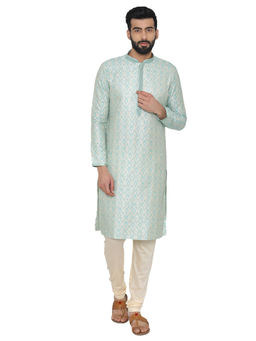 Manyavar - Green Silk Blend Kurta with Pencil Pajama (Set of 2)