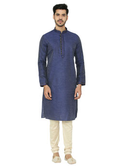Manyavar - Navy Blue Self Design Kurta And Churidar (Set of 2)