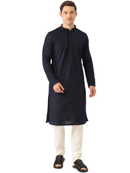 Manyavar - Men's Blue Kurta with Pencil Pajama (Set of 2)
