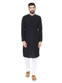 Manyavar - Black Cotton Blend Kurta with Pencil Pajama (Set of 2)