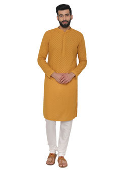 Manyavar - Orange Cotton Blend Kurta with Pencil Pajama (Set of 2)