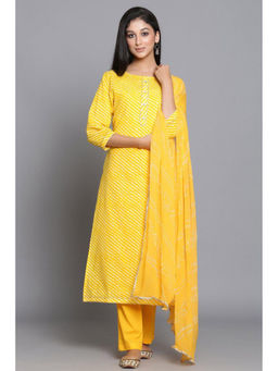Biba - Yellow Unstitched dress material Suit (Set of 3)