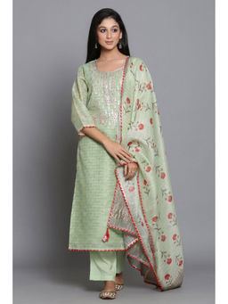 Biba - Green Unstitched dress material Suit (Set of 3)