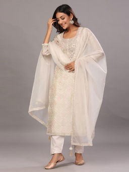 Biba - Beige Unstitched Dress Material Suit (Set of 3)