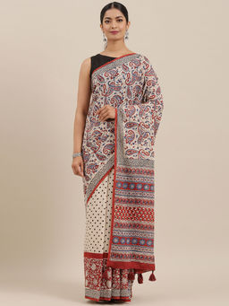 Geroo Jaipur - Off-White & Red Bagru Hand Block Printed Pure Cotton Saree