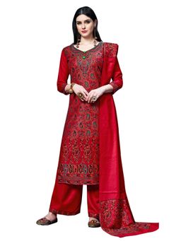 Safaa - Red Woven Woollen Unstitched Dress Material (Set of 3)
