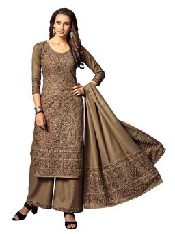 Safaa - Brown Woven Woollen Unstitched Dress Material (Set of 3)
