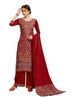 Safaa - Maroon Woven Woollen Unstitched Dress Material (Set of 3)