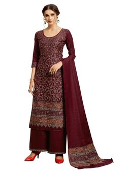 Safaa - Maroon Woven Woollen Unstitched Dress Material (Set of 3)
