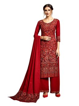 Safaa - Red Woven Woollen Unstitched Dress Material (Set of 3)