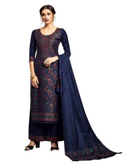 Safaa - Navy Blue Woven Woollen Unstitched Dress Material (Set of 3)