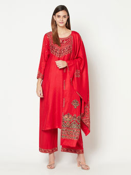 Safaa - Women Winter Acro Wool Woven Suit with Stole Unstitched Dress Material (Set of 2)