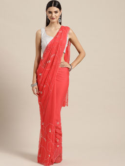 Geroo Jaipur - Hand Embellished Pink Chiffon Saree