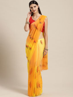 Geroo Jaipur - Yellow & Orange Handpainted chiffon Saree