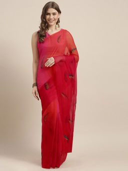 Geroo Jaipur - Red Hand Painted Chiffon Saree