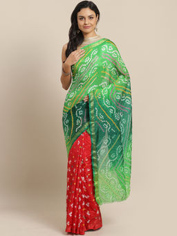 Geroo Jaipur - Hand Dyed Green & Red Bandhani Silk Saree