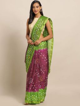 Geroo Jaipur - Hand Dyed Green & Purple Bandhani Silk Saree