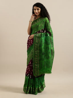 Geroo Jaipur - Hand Dyed Burgundy & GreenBandhani Silk Saree