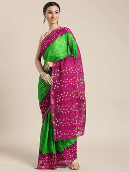 Geroo Jaipur - Hand Dyed Pink & Green Bandhani Silk Saree