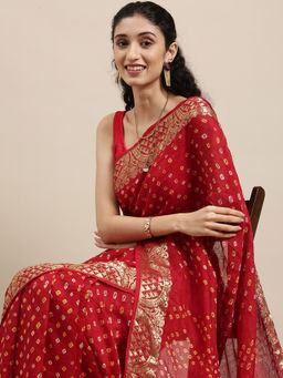 Geroo Jaipur - Red Handcrafted Zari Bandhani Saree