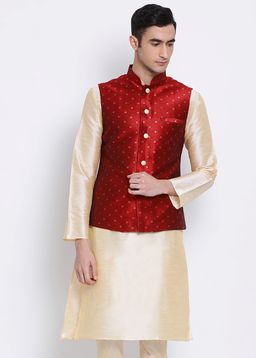 Sanwara - Men Maroon and Beige Color Silk Blend Kurta And Nehru Jacket (Set of 2)