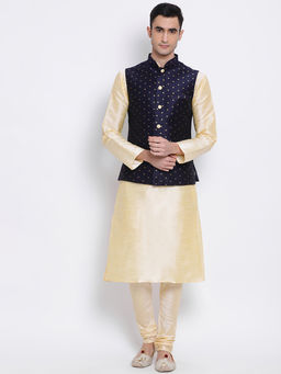 Sanwara - Men Blue and Beige Color Silk Blend Kurta And Pyjama With Nehru Jacket (Set of 3)