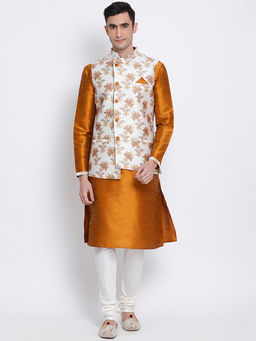 Sanwara - Men OFF-White and Orange Color Silk Blend Kurta And Pyjama With Nehru Jacket (Set of 3)