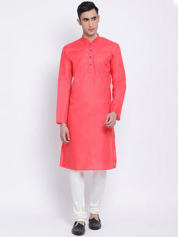 Sanwara - Men Pink and Off White Color Cotton Blend Kurta And Pyjama (Set of 2)
