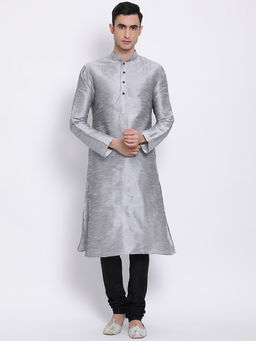 Sanwara - Men Silver and Black Color Silk Blend Kurta And Pyjama (Set of 2)